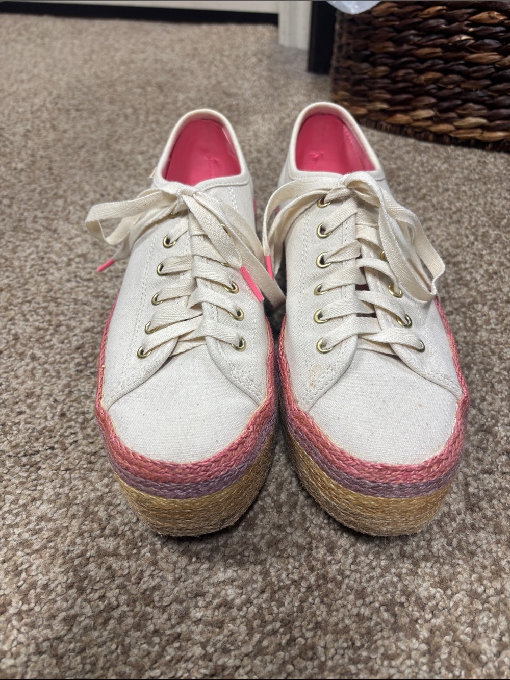 Kate Spade Keds White Canvas Platform Sneakers with Pink Accent - 8
